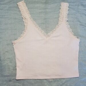 American Eagle Ribbed Lace Trim V Neck Tank Top Women M Pink Fairy y2k Dainty